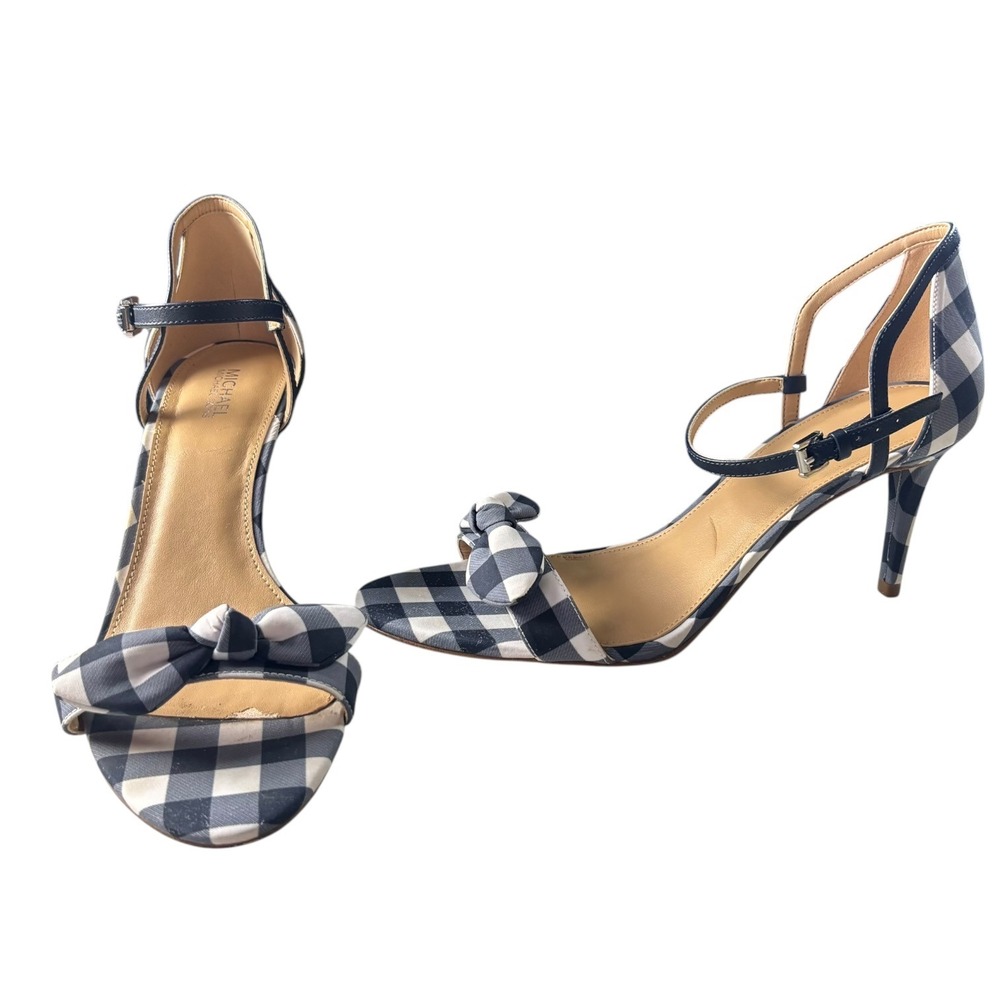Michael Kors Pippa Sandals Women 9M Admiral Blue White Gingham Bow Stiletto Heel